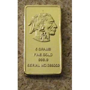 5 Gram American Indian Replica Bullion Bar, Gold Plated 