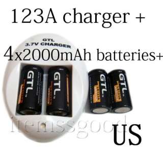 CR123A LR123A 16340 Charger+4X GTL Li ion 2000mAh US  