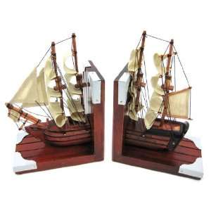   Pair Of Wooden Nautical Tall Ship Bookends Book Ends