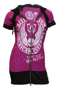 AFFLICTION HOODIE SHORT SLEEVE PINK WHITE AMERICAN COSTUME SHORT 