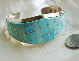 Navajo Sterling Silver Wide Turquoise Inlay Cuff Bracelet  