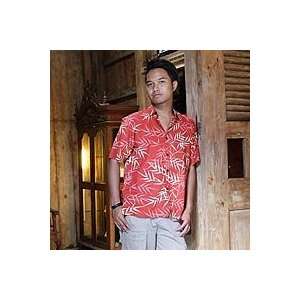  NOVICA Mens cotton batik shirt, Orange Bamboo