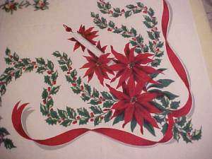 Vint. Christmas Tablecloth w/ Poinsettias & Candles  