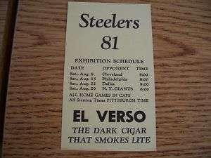 1981 Pittsburgh Steelers Football Pkt Schedule El Verso  