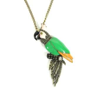 Tropical Parrot Necklace Green Pink Jungle Cockatoo Crystal Bird Charm 