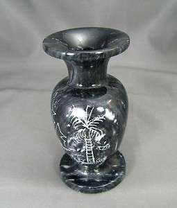 Etched Black Onyx Marble Stone Vase from Africa or South Asia  