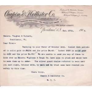  1905 Chapin & Hollister Co. Providence RI Letterhead 