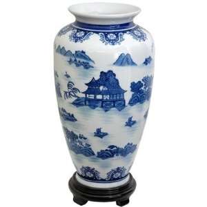 Oriental Furniture Tung Chi Vase with Blue Landscape Design in White 
