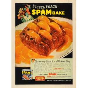  1954 Ad George A. Hormel Spam Tin Fiesta Peach Bake 