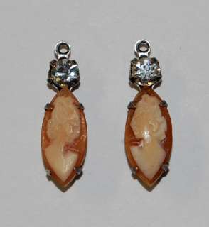 VINTAGE GENUINE CARVED CAMEO RHINESTONE EARRING NAVETTE  