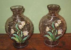 Pair Antique English Art Glass Mary Gregory Type Vases  