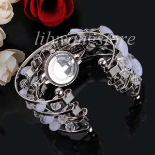 Women White Beads Pearls Bracelet Quartz Wrist Watch Bangle Stainless 