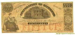 CORPORATION OF RICHMOND VIRGINIA APRIL 1861 FIFTY CENTS HOYER & LUDWIG 