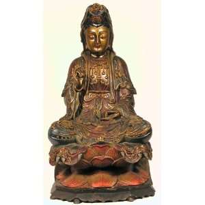    Tibetan Wood Gilt Carved Cloisonne Quan Yin 