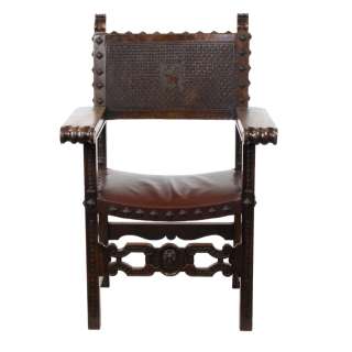 French Chinese Walnut Leather Throne Carver Armchair  