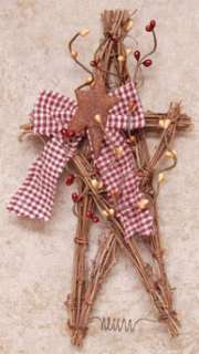PIP VINE TWIG STAR & FABRIC BOW PRIMITIVE WALL HANGING  
