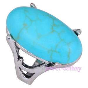 25x15mm Oval Turquoise Bead Silver Plated Ring Size 6.5  