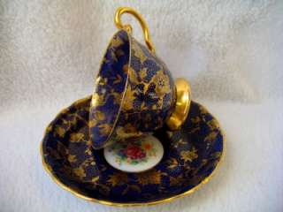 Vintage Tuscan Cobalt Blue & Gold Cup & Saucer Set (s) With Roses 
