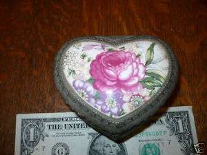 VINTAGE METAL HEART TRINKET JEWELRY BOX PORCELAIN ROSE  