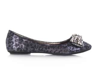 Black Leopard Women Bow Tie Ballet Flat sz silver h66  