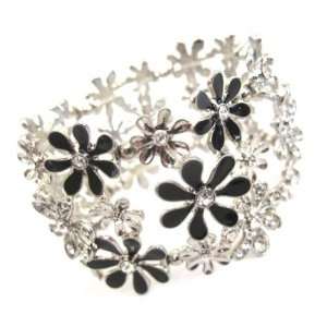 Le Neon Fashion Black and Silver Flower Stretch Bangle Cuff Bracelet