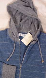   SWEATER BLUE/GRAY 100%CASHMERE BOMBER HOODED JUMPER SM 48 NEW  
