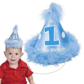 Baby Boy Blue 1st Birthday Party Cone Hat Feathers First Momento 
