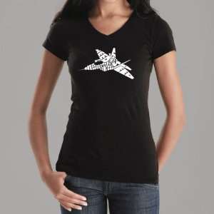 Womens Black Fighter Jet Word Art V Neck Shirt Large   Created out of 