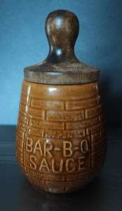 Vintage Pottery Barbeque Sauce Holder W Brush and Wooden top  
