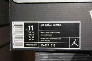 Nike Air Jordan 5 V sz 11 Black Varsity Red Metallic Silver Retro 2011 