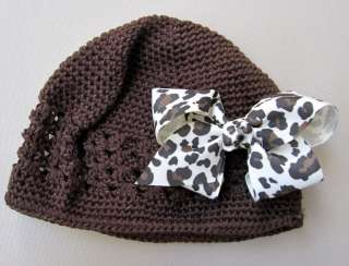 Dark Brown chocolate Hat beanie cap Cheetah leopard bow baby Girl 