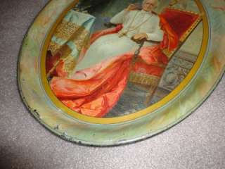 Antique Old Metal Oval Serving Tray of Catholic Pope  
