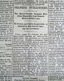 HENRY PRANZINI Murder of Mme. Ragnault Guillotine Execution 1887 Old 