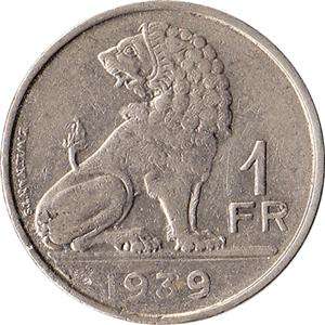 1939 Belgium 1 Franc Coin Seated Lion KM#120  