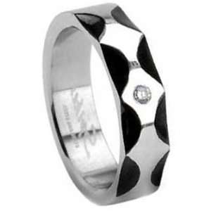   Steel Ring With Black Color Plating Waved Edges and Small CZ in Center