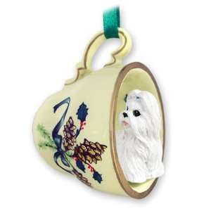  Shih Tzu Green Holiday Tea Cup Dog Ornament   White