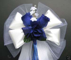 ROYAL blue / WHITE satin wedding pew bows decorations  