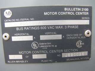 USED ALLEN BRADLEY CENTERLINE 2100 MOTOR CONTROL CENTER   TWIN CABINET 