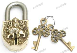 Vintage Brass Padlock Durga On Lion Om Hindu God 2 Keys  