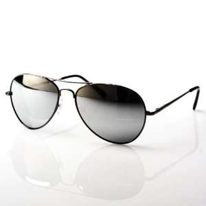   Silver Mirror Lens Aviator Sunglasses   Black Frame 