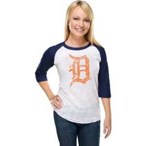 Detroit Tigers Womens Burnout 3/4 Sleeve White/Navy Raglan T Shirt 