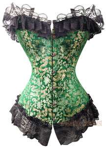 Gold on Green Brocade CORSET Victorian Lace Bustier 4XL g268  