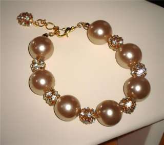 16mm light bronz glass pearl n rhinestone ball bracelet  