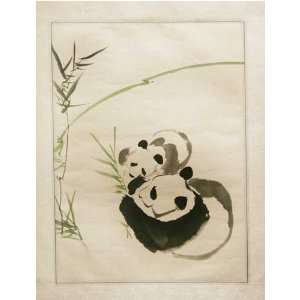 Chinese Sumi e Brush Painting Art, Watercolor on Paper   Panda Mother 