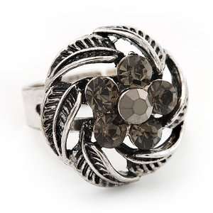  Flower Diamante Fancy Ring In Burn Silver Metal Jewelry
