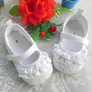 Cotton White Flower Emboridery w/Double Pleats Velcro Baby Girls Shoes 