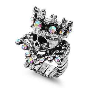 Stretchable Fashion Ring with Clear and Rainbow Accent Stones   Skull 
