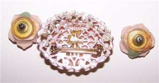 Vintage Pin Brooch Earring Set Ceramic Pink Roses  