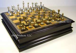 STAUNTON METAL chess set w/ wood STORAGE CHESS BOARD  