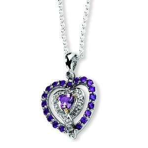  Ster Silver 14K Gold IJ Diamond & Amethyst Heart Pendant 